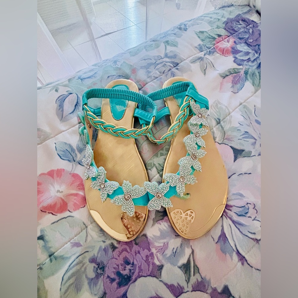 & Other Stories Turquoise Floral Crystal-Embellished Sandals